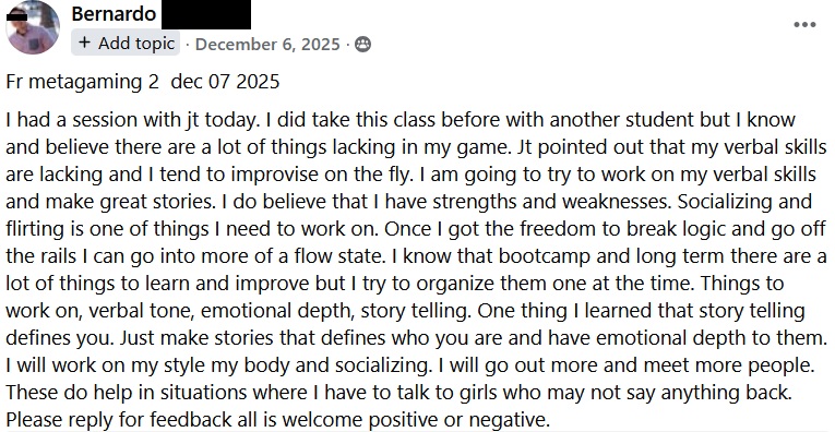 Student Bernardo reviews the MetaGaming 2 Advanced Storytelling workshop with JT Tran at ABCs of Attraction and shares key lessons about verbal game and emotional depth in storytelling