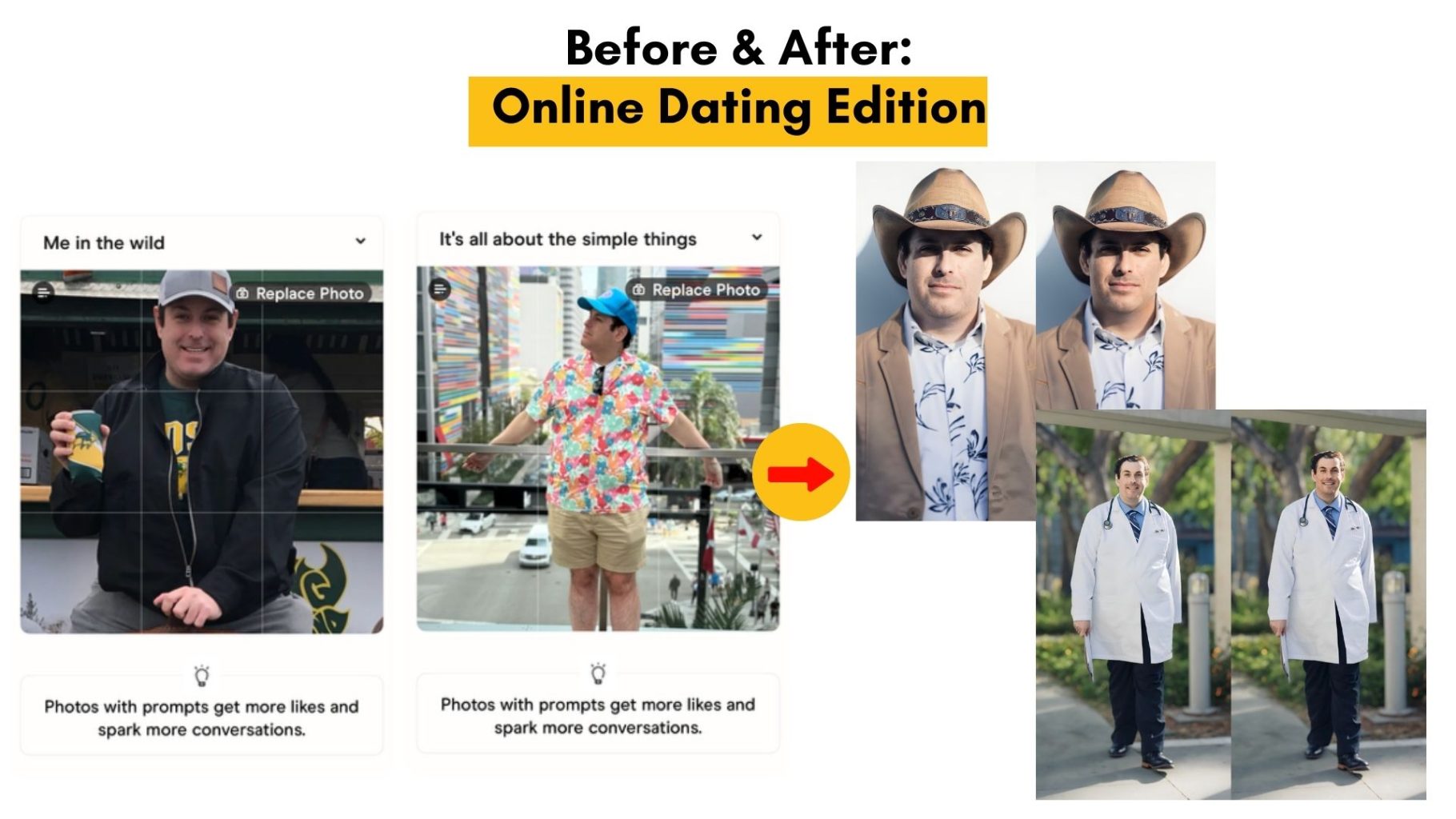 Before and after of a student's dating app profile photos