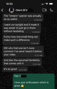 Student practices the Kickstarter Opener from the Prebootcamp Homestudy Course and gets instant results