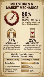 Pre-med dating milestones: 77% meet in person, 25% app success rate, virginity loss milestones from Harvard Class of 2024