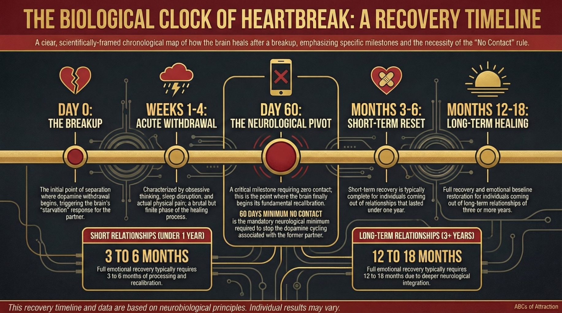Infographic showing the breakup recovery timeline including the 60 day no contact milestone and healing stages