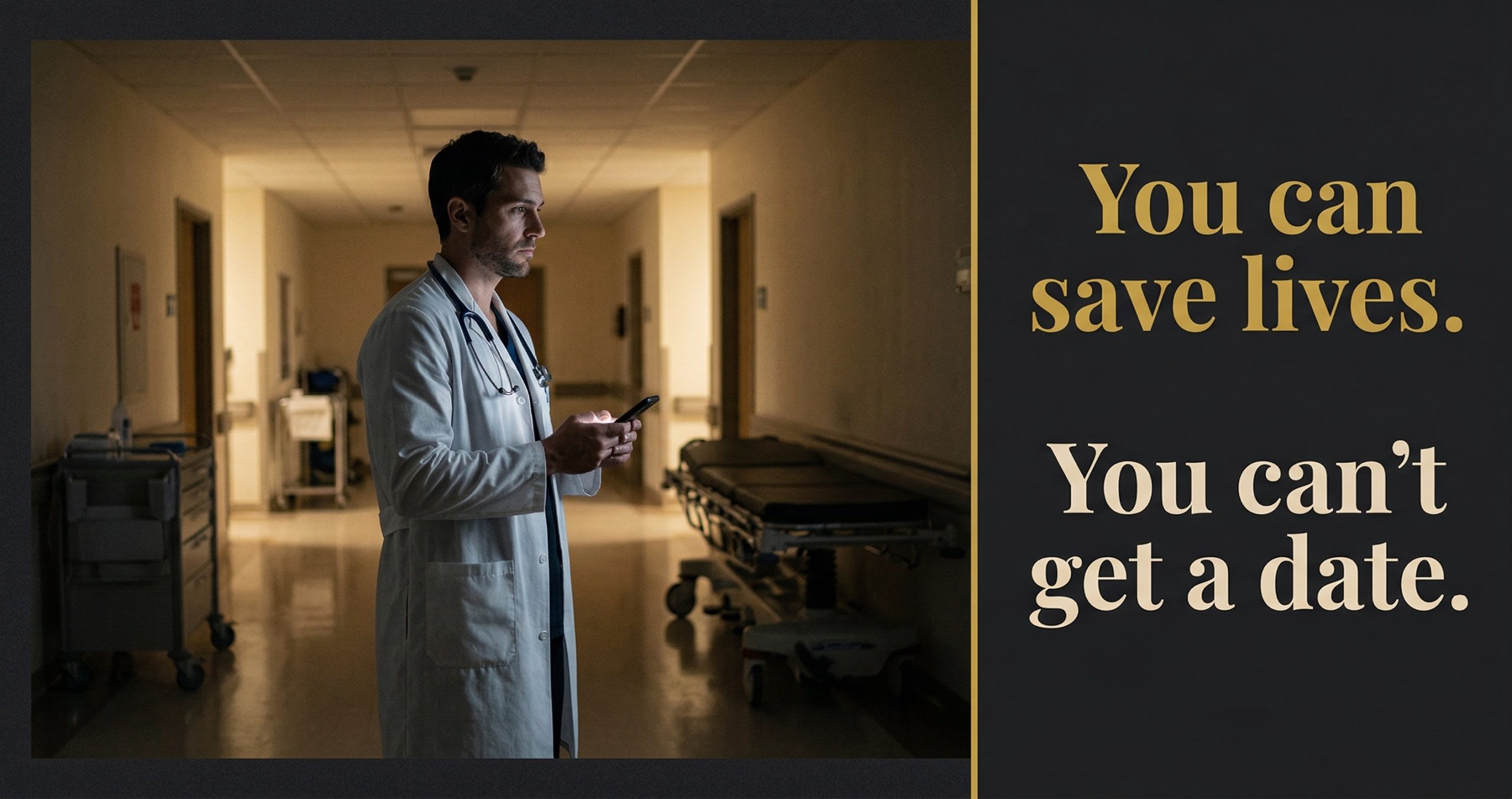 Resident physician alone in hospital corridor at night holding phone representing the loneliness and dating challenges of medical training