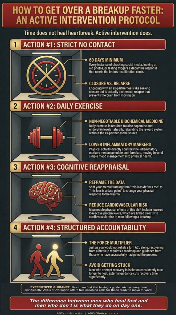 Infographic showing how to get over a breakup faster with four science-backed actions including no contact, exercise, cognitive reappraisal, and structured accountability