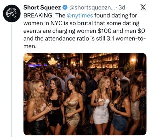 NYC dating events charging women $100 and men $0 with 3 to 1 women to men ratio — New York Times finding on dating for women in NYC