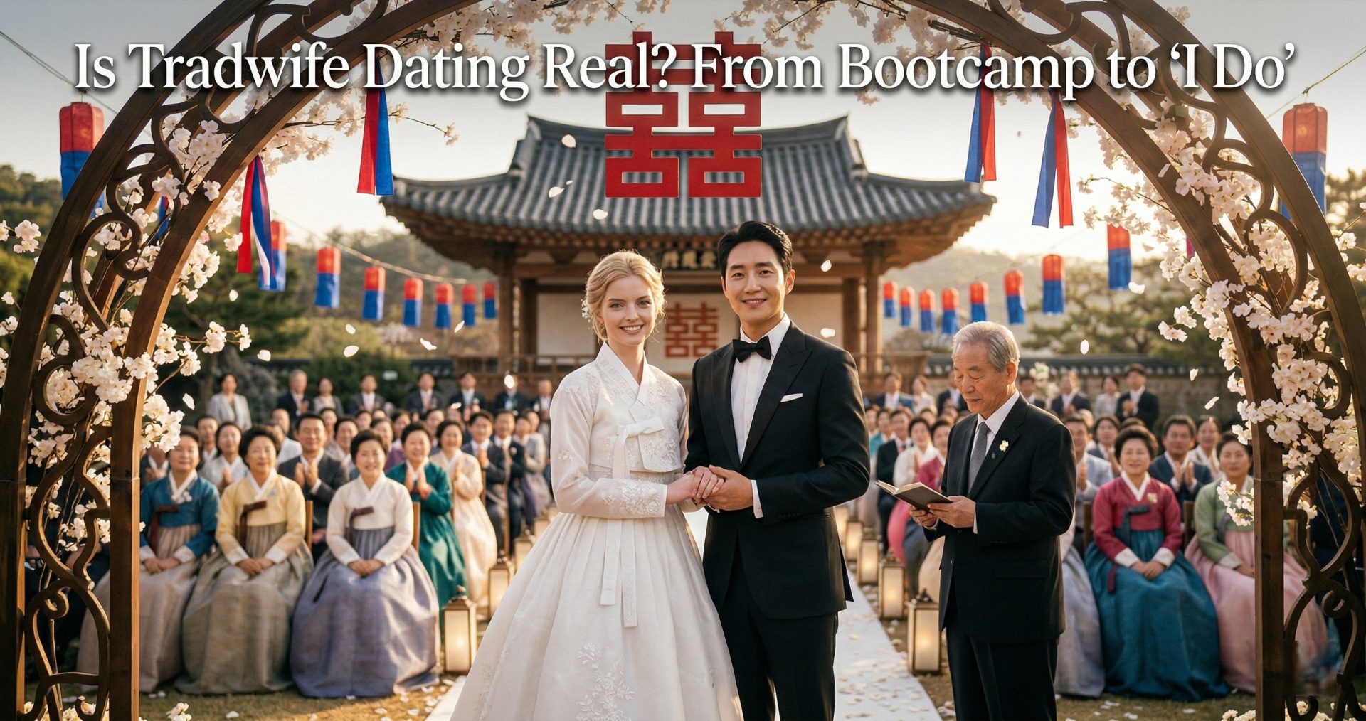 Korean groom in black tuxedo and blonde bride in white bridal hanbok hold hands at traditional Korean wedding, representing the real tradwife dating outcomes men find through ABCs of Attraction coaching