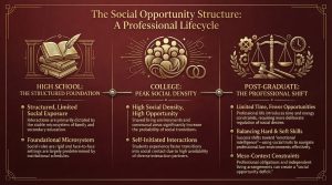 Pre-law social development timeline showing high school discipline phase versus college social density window