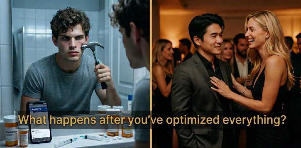 Clavicular looksmaxxing with hammer and pills versus Asian dating coach attracting women with social skills