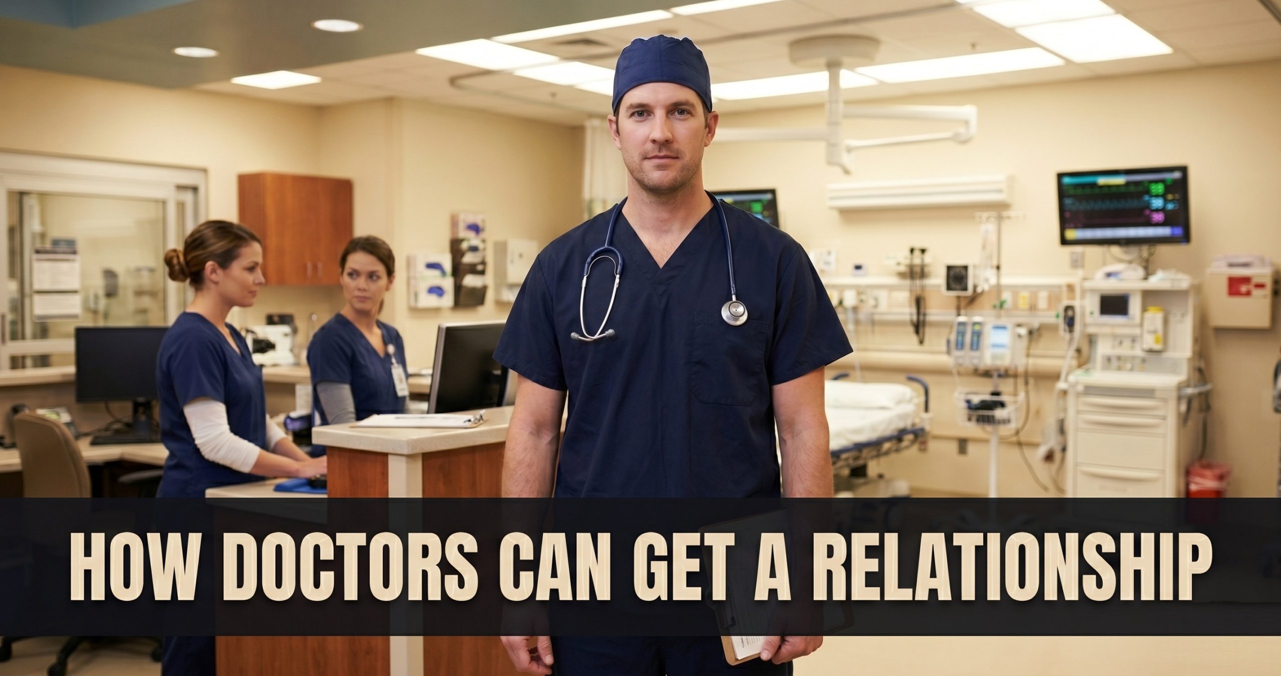 How doctors can get a relationship - confident male physician in hospital scrubs with stethoscope in emergency room