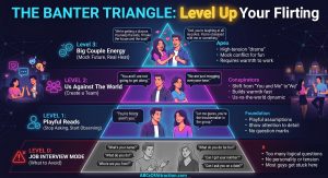 The Banter Triangle infographic showing four levels of how to flirt with a girl: Level 0 Job Interview Mode, Level 1 Playful Reads, Level 2 Us Against the World, and Level 3 Big Couple Energy