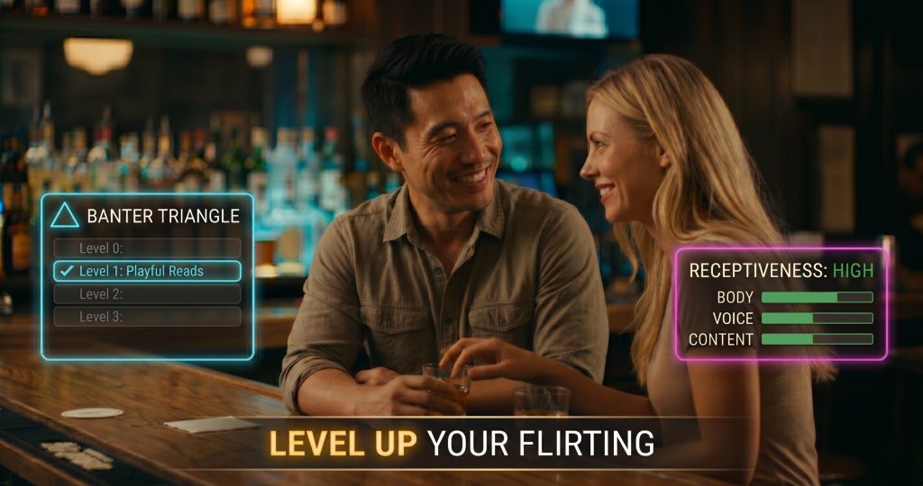 How to flirt with a girl guide: an analytical man at a bar mid-conversation with a woman, with a Banter Triangle and receptiveness HUD overlay showing the framework he's running in real time