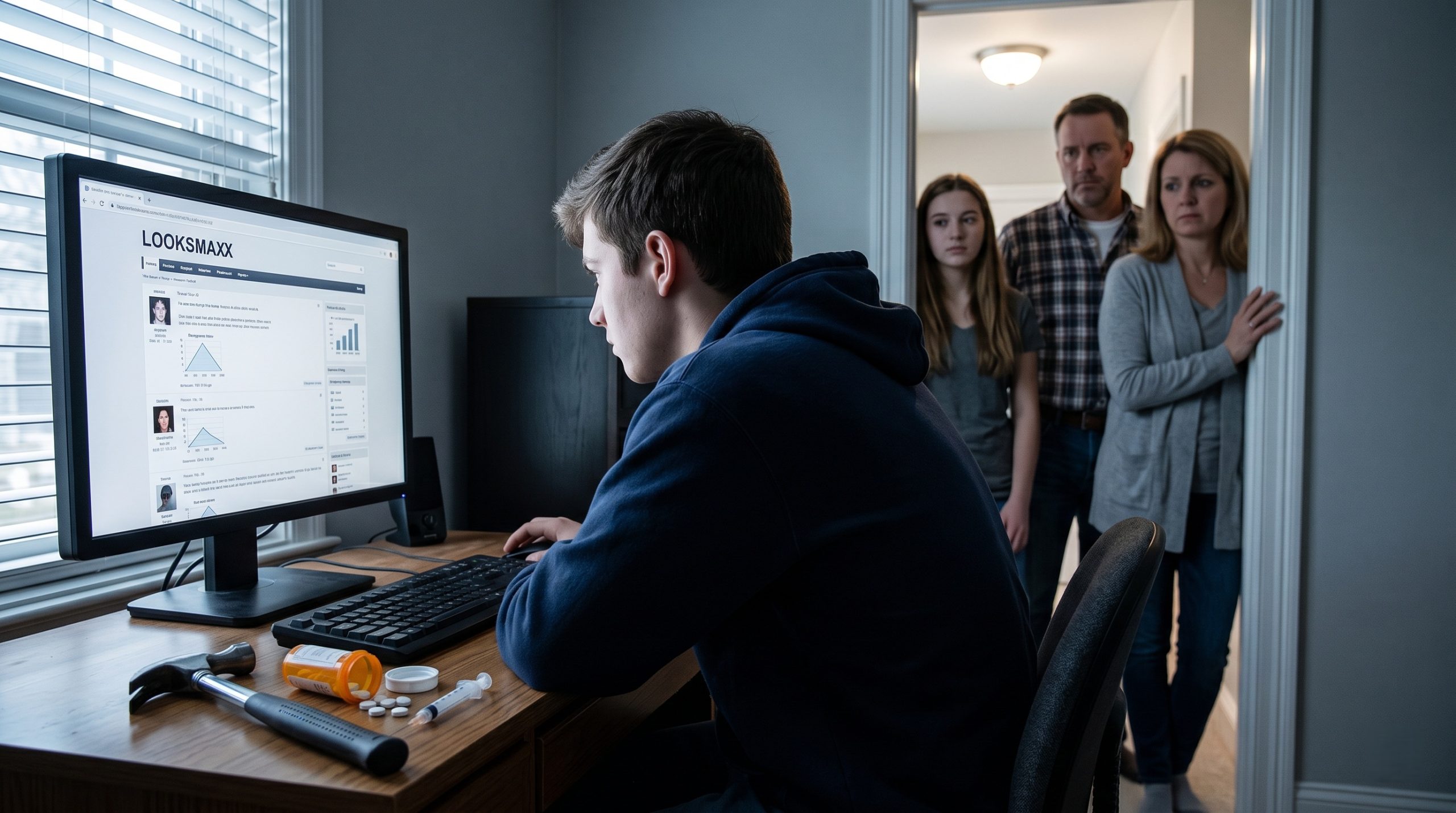 Concerned American family stands in bedroom doorway watching teenage son obsess over looksmaxxing forum with hammer and drugs on desk