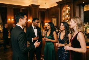 Hero image for the barristers ball survival guide, showing a single law student in formal black-tie attire walking alone into the annual law school ball. The composition emphasizes the social pressure of attending a paired-up event without a date.