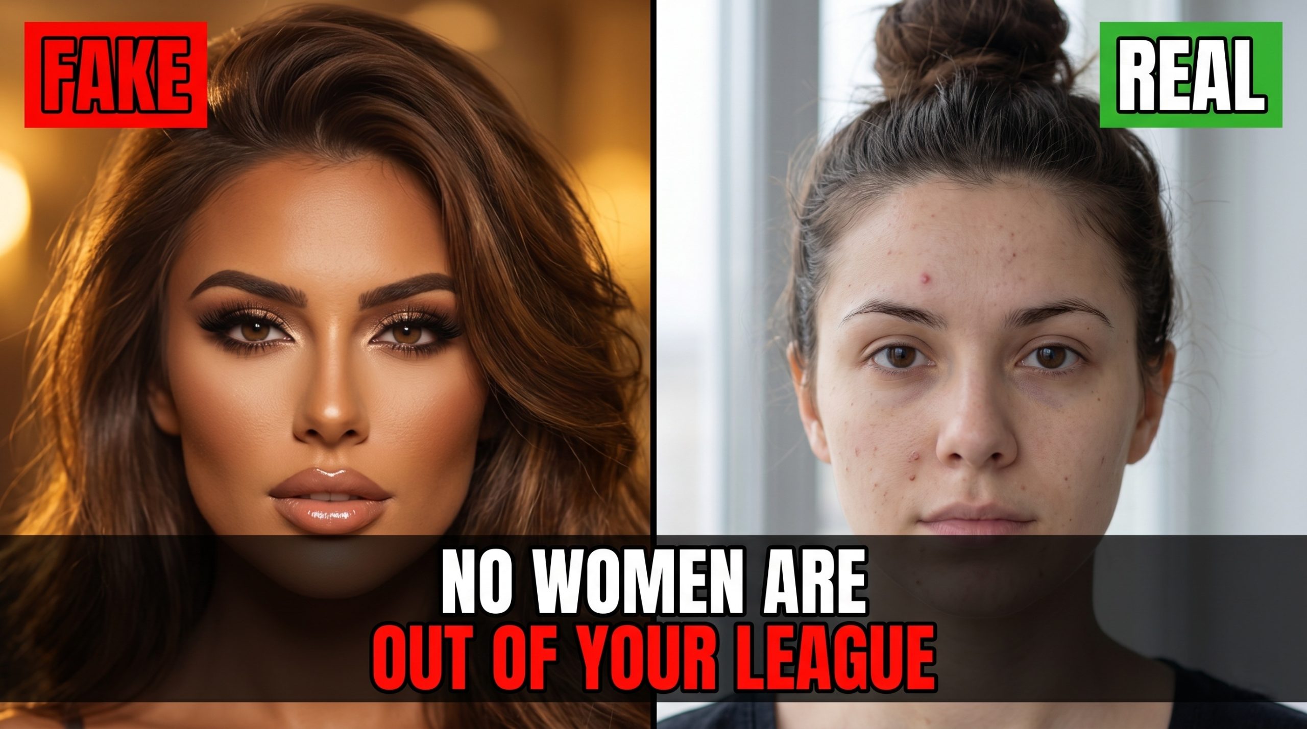 Side-by-side fake and real comparison of a woman with full makeup and without makeup showing female looksmaxxing and confidence with women