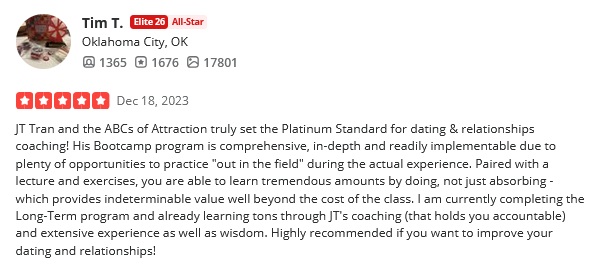 Pre-law dating Yelp review by Tim T., a Yelp Elite All-Star reviewer giving ABCs of Attraction 5 stars