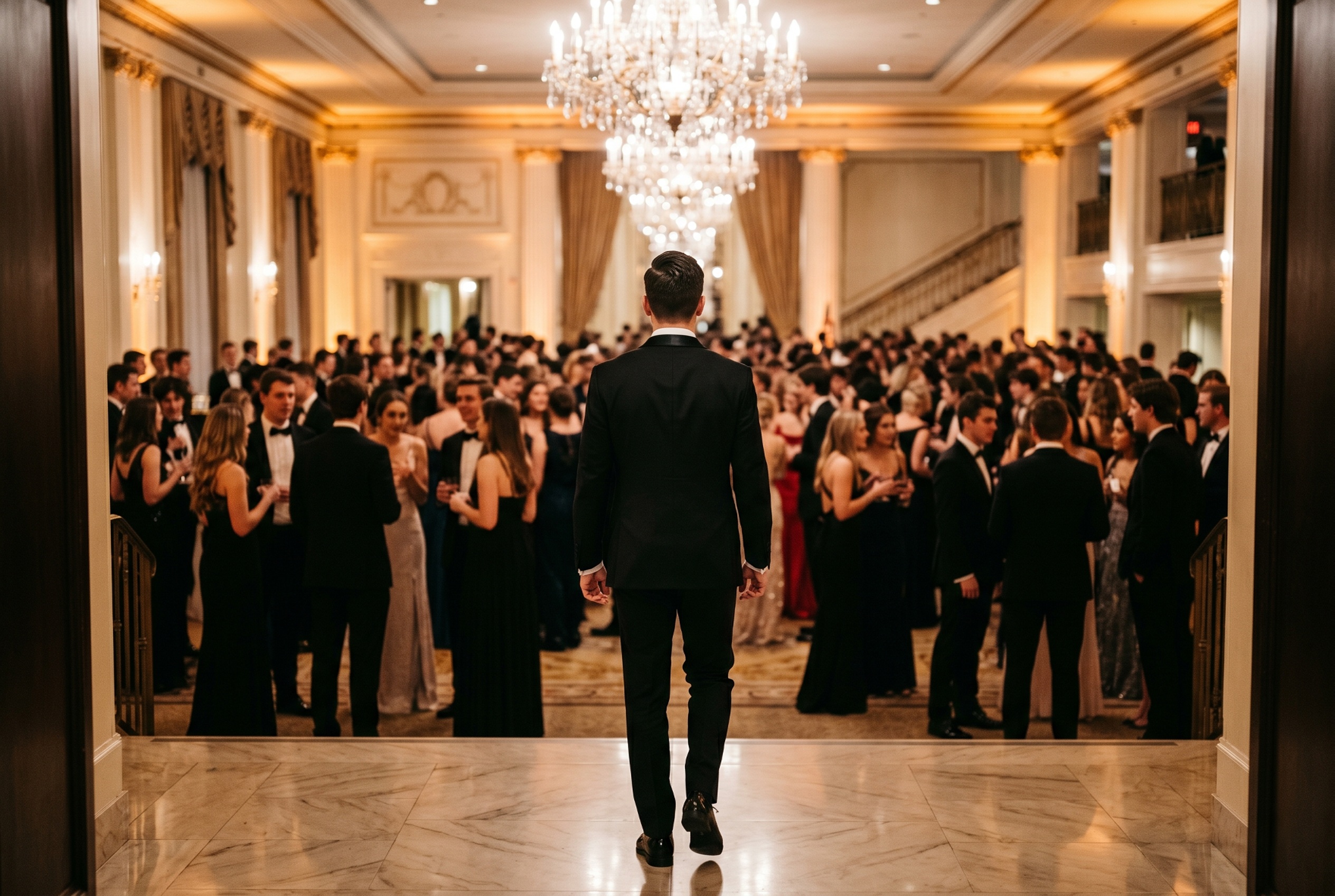 Barristers ball without a date guide showing a single law student walking alone into a formal ballroom past paired-up classmates