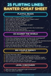 Flirting banter examples cheat sheet showing 25 lines across the four levels of the Banter Triangle: playful reads, us against the world, big couple energy, and level 0 recovery