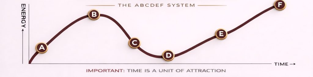 The ABCDEF System plotted as energy over time: rising from A to a peak at B, falling through C to a low at D, then climbing through E to F.
